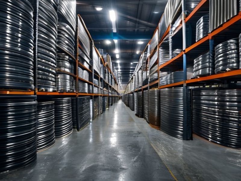 Steel coils and plates stacked in warehouse inventory